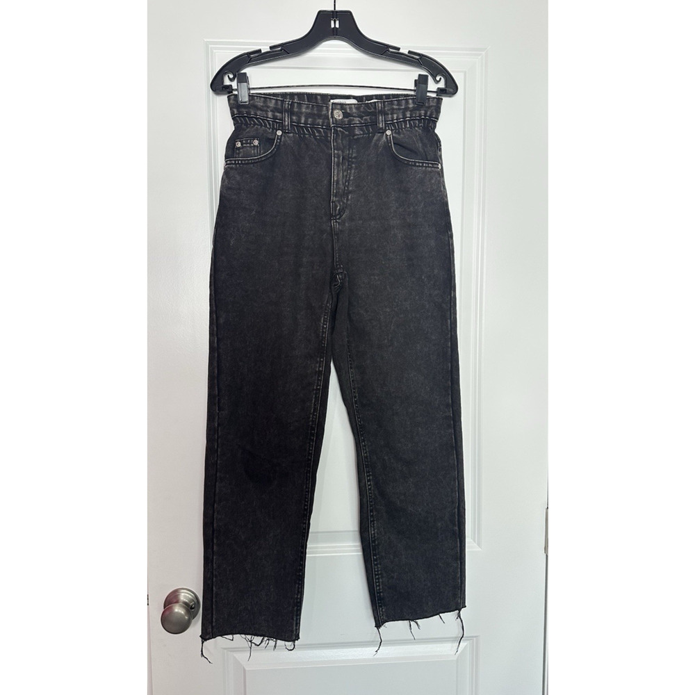 Bershka Jeans Elastic High Waist Straight Leg Raw Hem 90s Grunge Mom Fit Size 4
